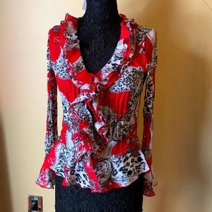 Sunny Leigh red chain and leopard button down long sleeve polyester